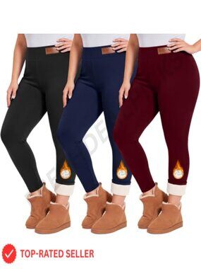 Plus Size Fleece Lined Leggings 3 Pack High Rise Thermal